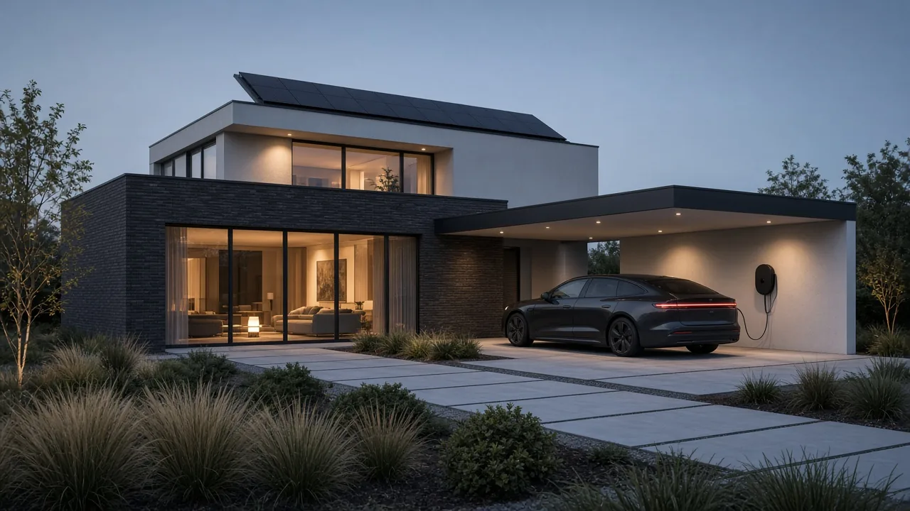 Illustratie van een minimalistisch huis in de schemering met zwarte zonnepanelen, warm verlichte ramen en een elektrische auto die laadt onder een carport